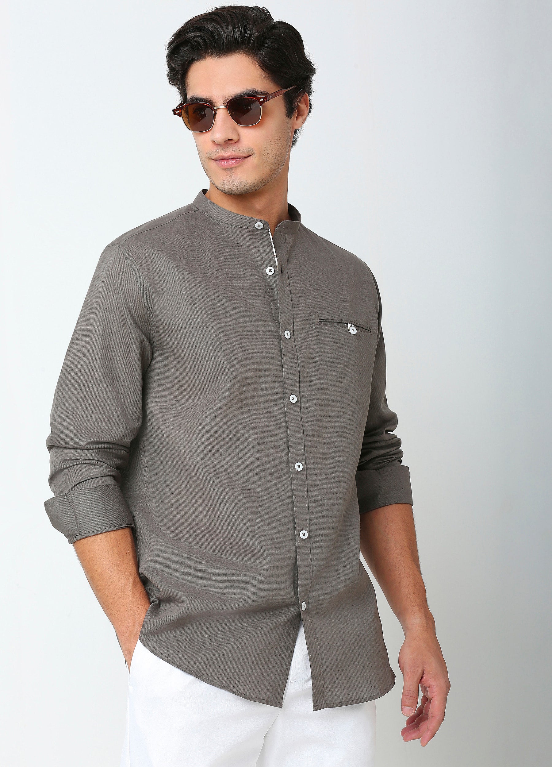 Band Collar Linen Blend Shirt Solid - Iron Grey