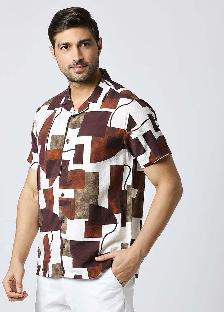 Camp Collar Cubist Print Shirt - Mud Brown