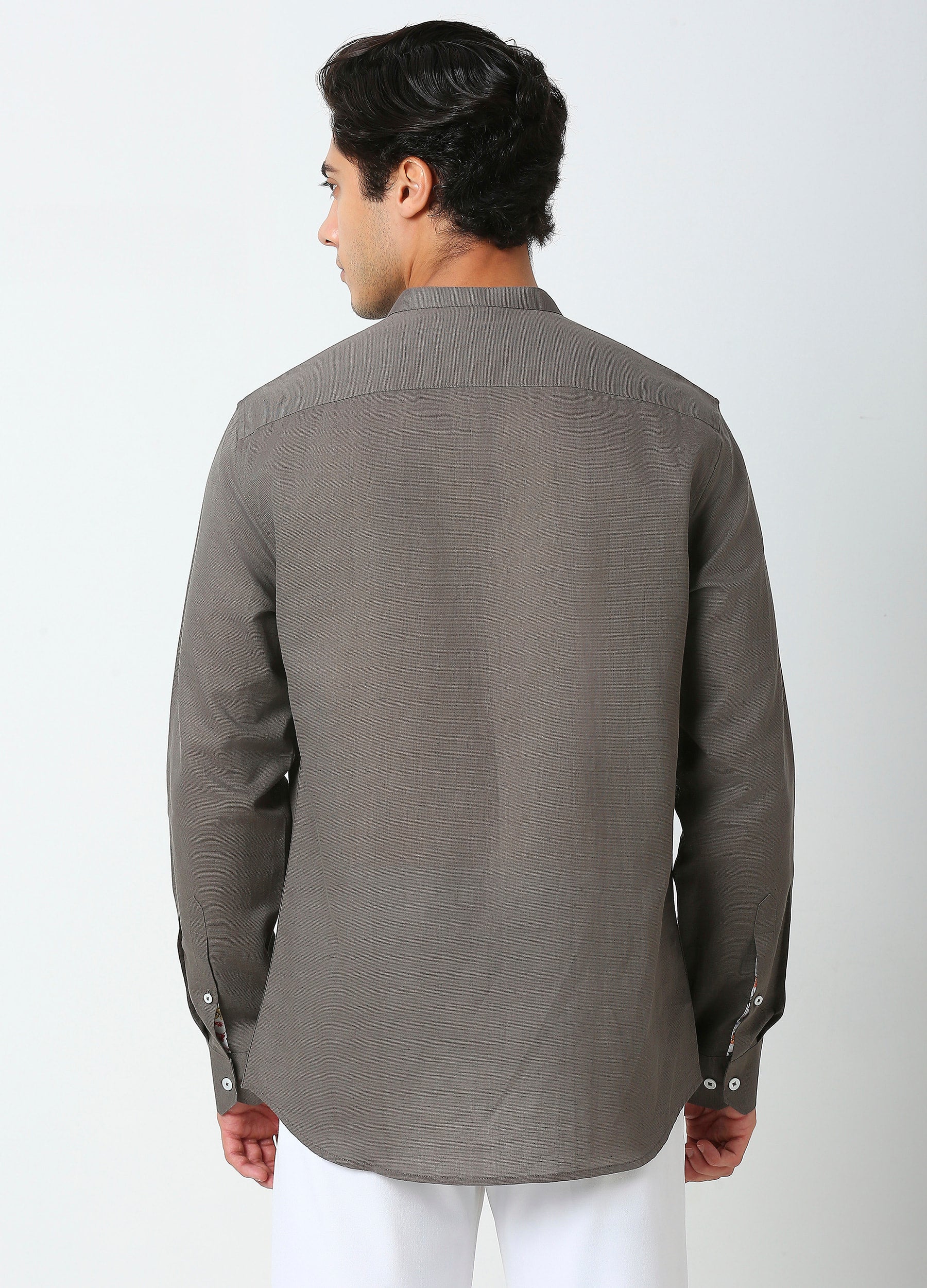Band Collar Linen Blend Shirt Solid - Iron Grey