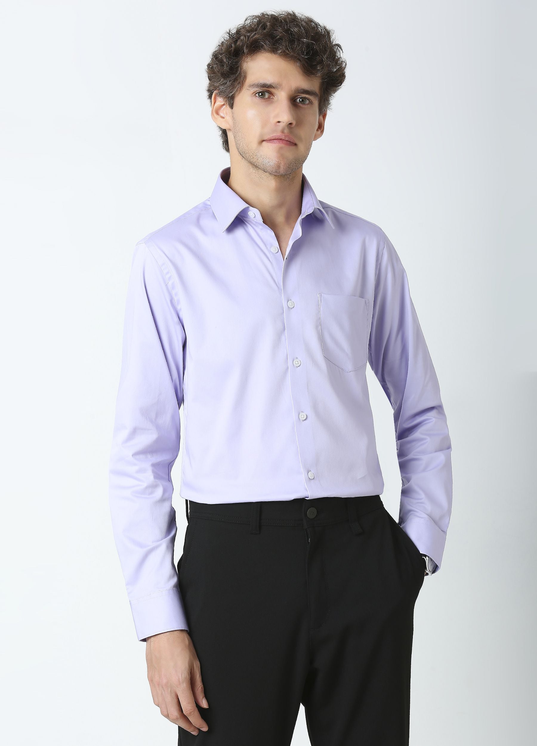 Straight Point Collar Fine Satin Stretch Shirt - Lavender