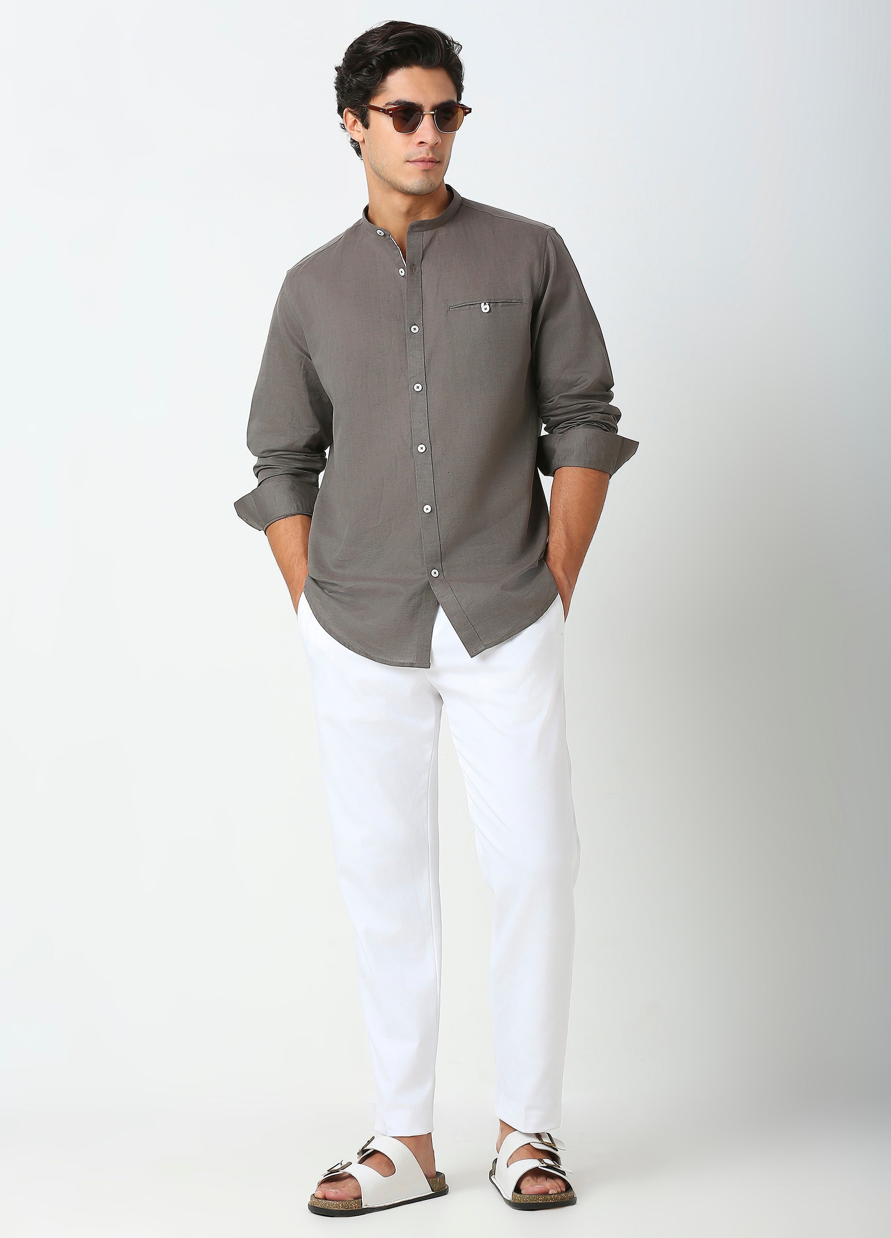 Band Collar Linen Blend Shirt Solid - Iron Grey