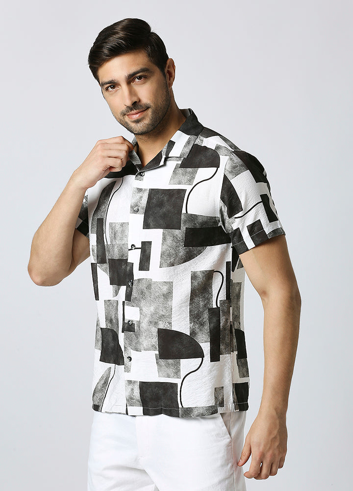 Camp Collar Cubist Print Shirt - Charcoal