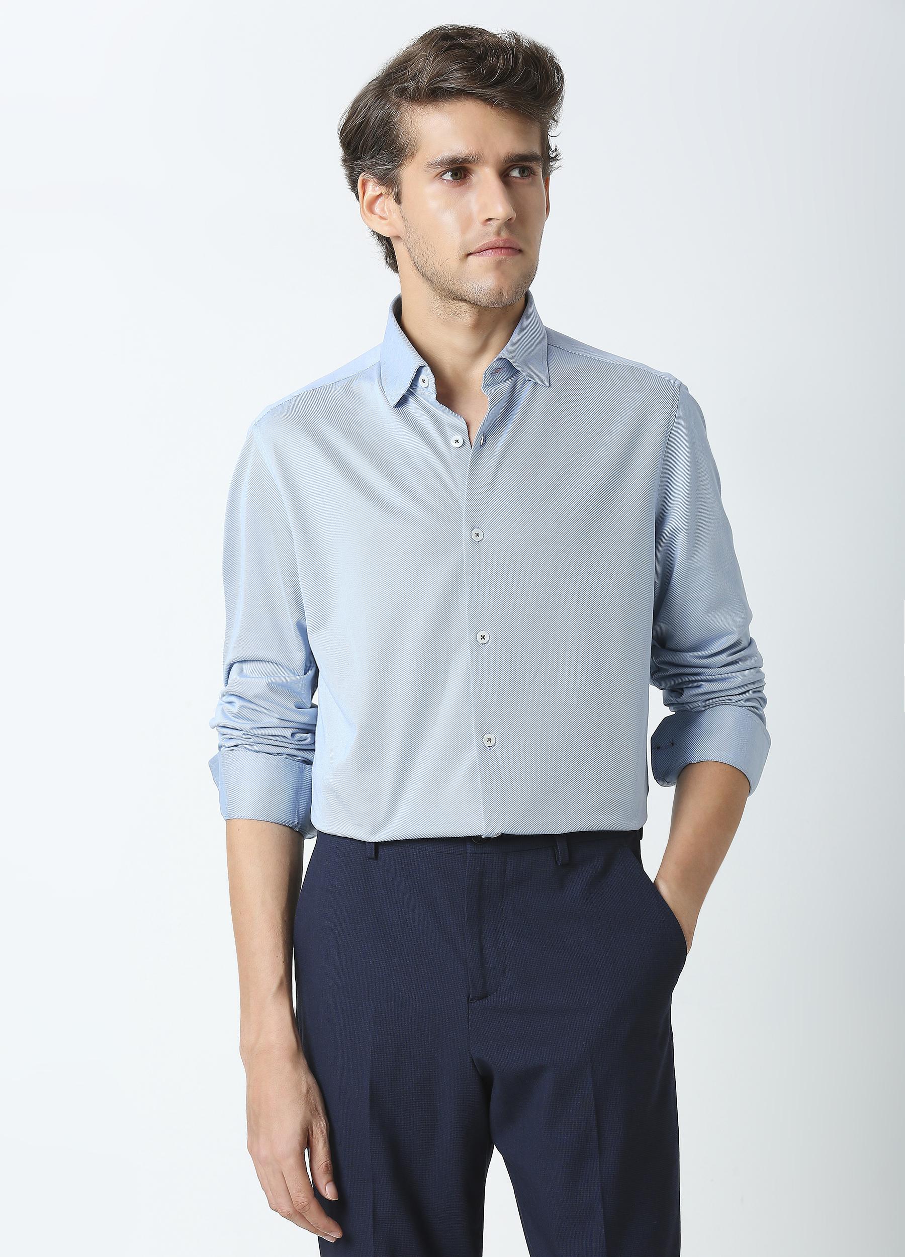 Crosshatch Diagonal Knit Shirt - Light Blue