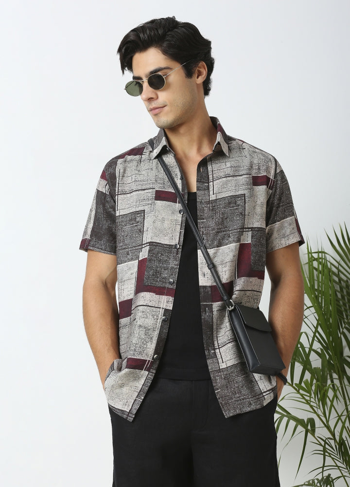 Flat Collar Sigas Print Shirt - Ash Grey