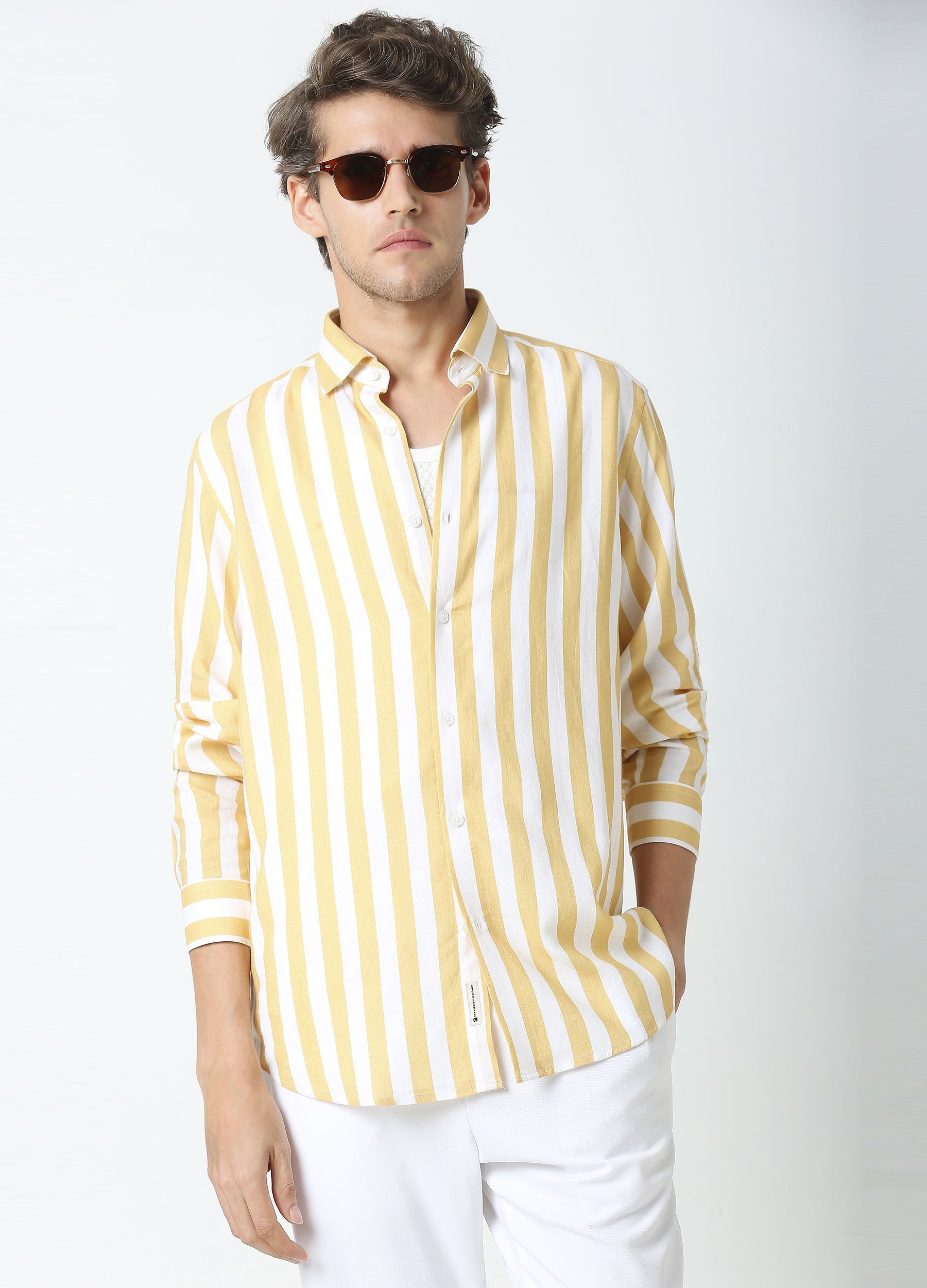 Cutaway Collar Stripe Shirt - Mustard