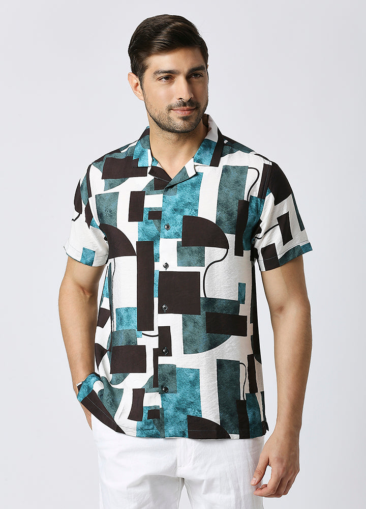 Camp Collar Cubist Print Shirt - Ocean Teal