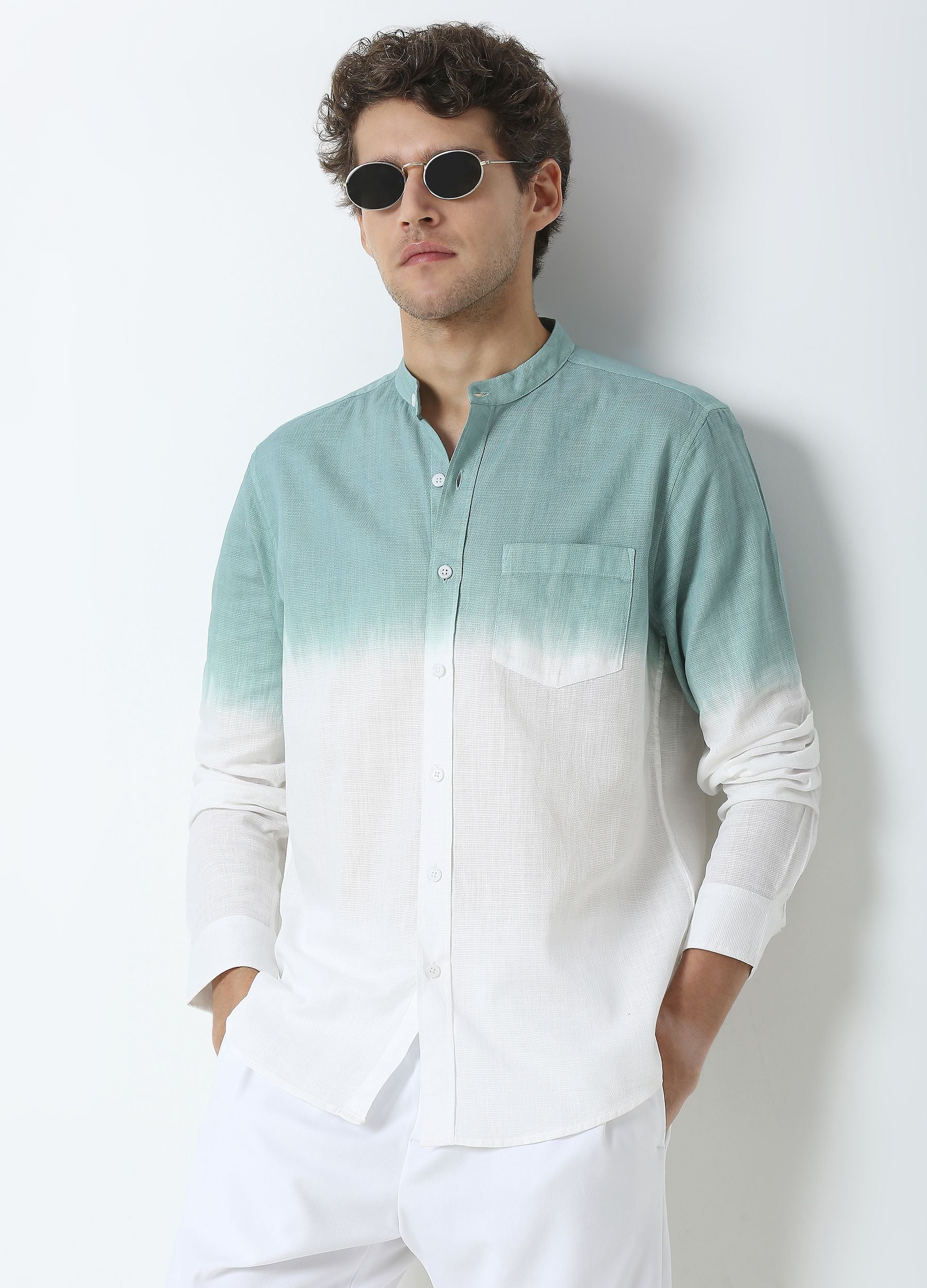 Tie Dye Chinese Collar Shirt - Teal