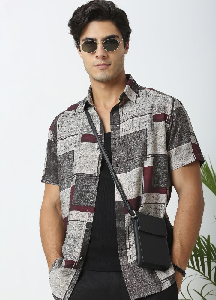 Flat Collar Sigas Print Shirt - Ash Grey