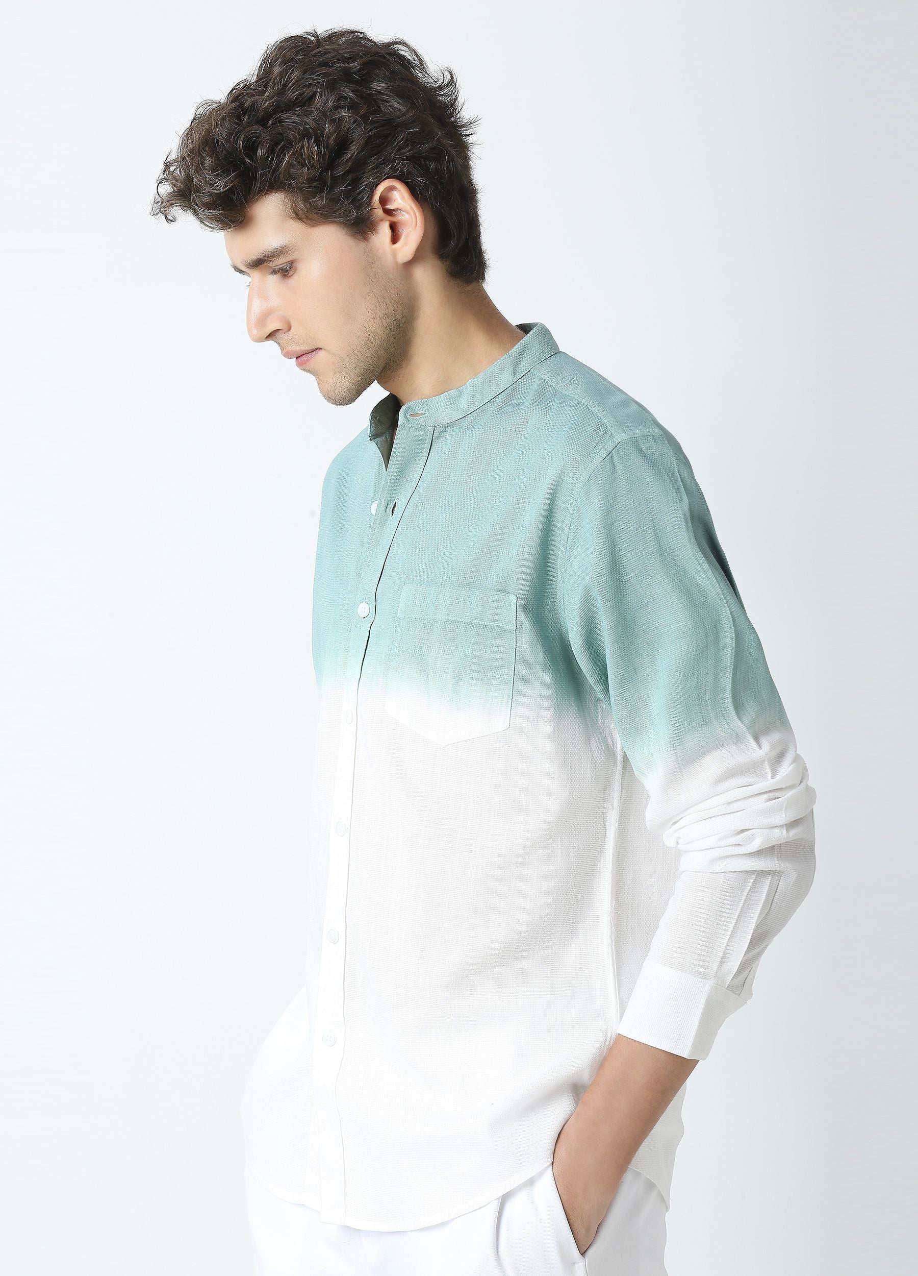 Tie Dye Chinese Collar Shirt - Teal