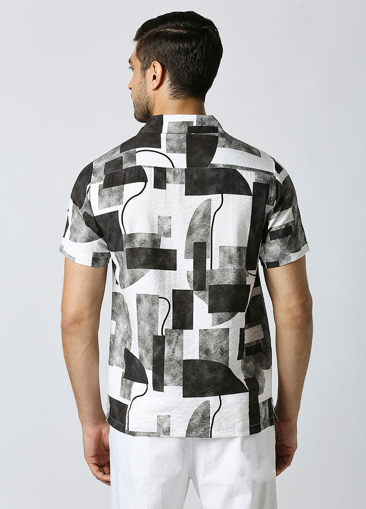 Camp Collar Cubist Print Shirt - Charcoal