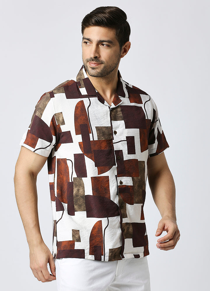 Camp Collar Cubist Print Shirt - Mud Brown