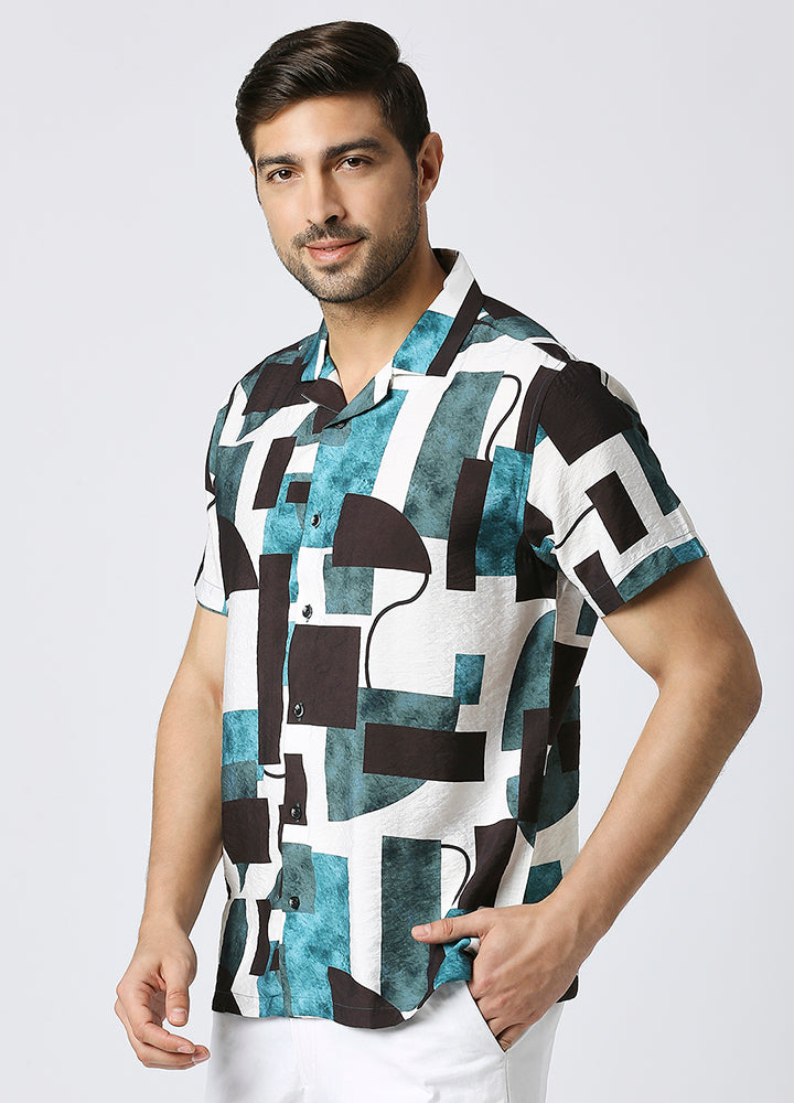 Camp Collar Cubist Print Shirt - Ocean Teal