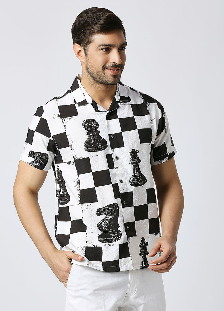 Camp Collar Shatranj Print Textured Shirt - White