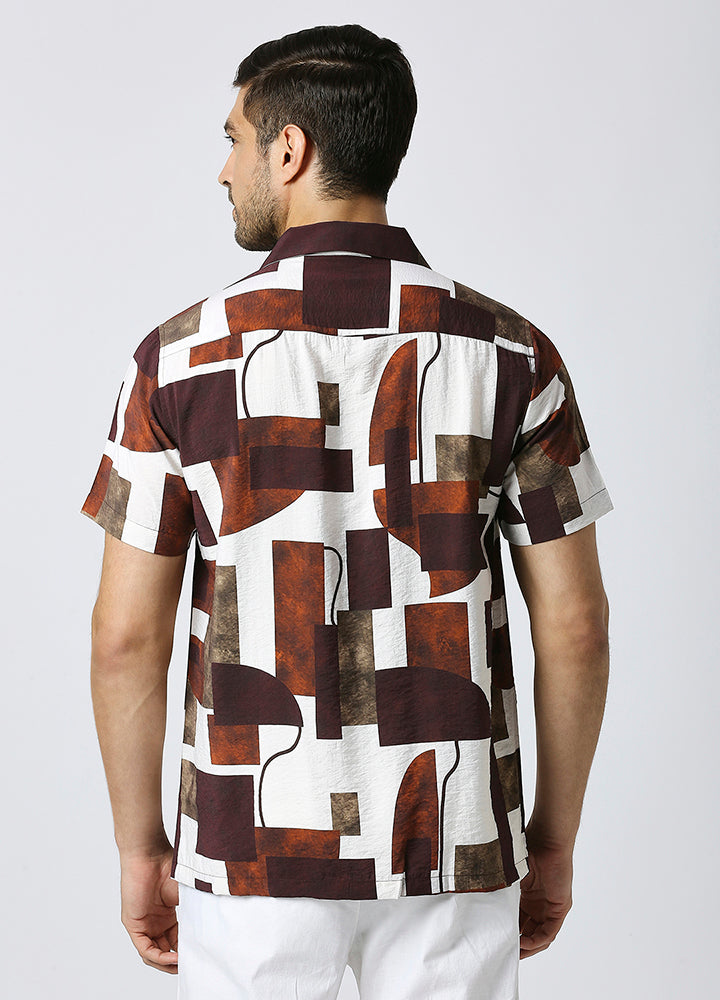 Camp Collar Cubist Print Shirt - Mud Brown