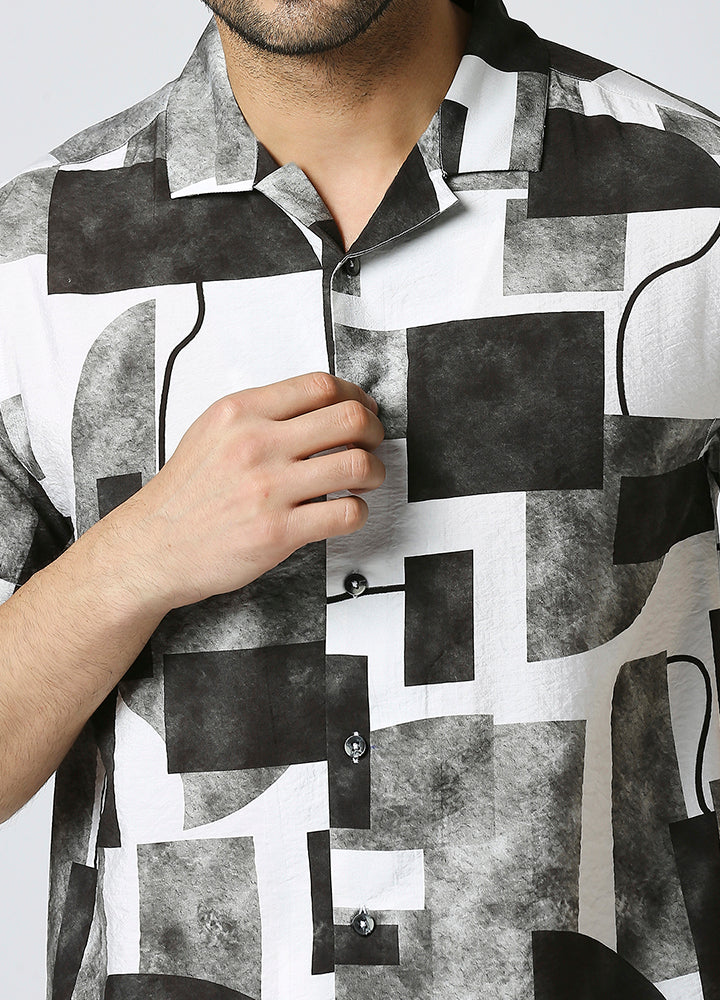 Camp Collar Cubist Print Shirt - Charcoal