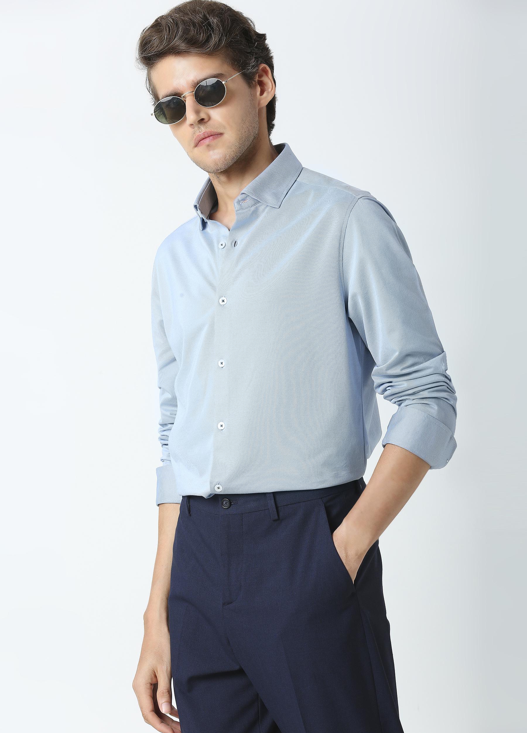 Crosshatch Diagonal Knit Shirt - Light Blue