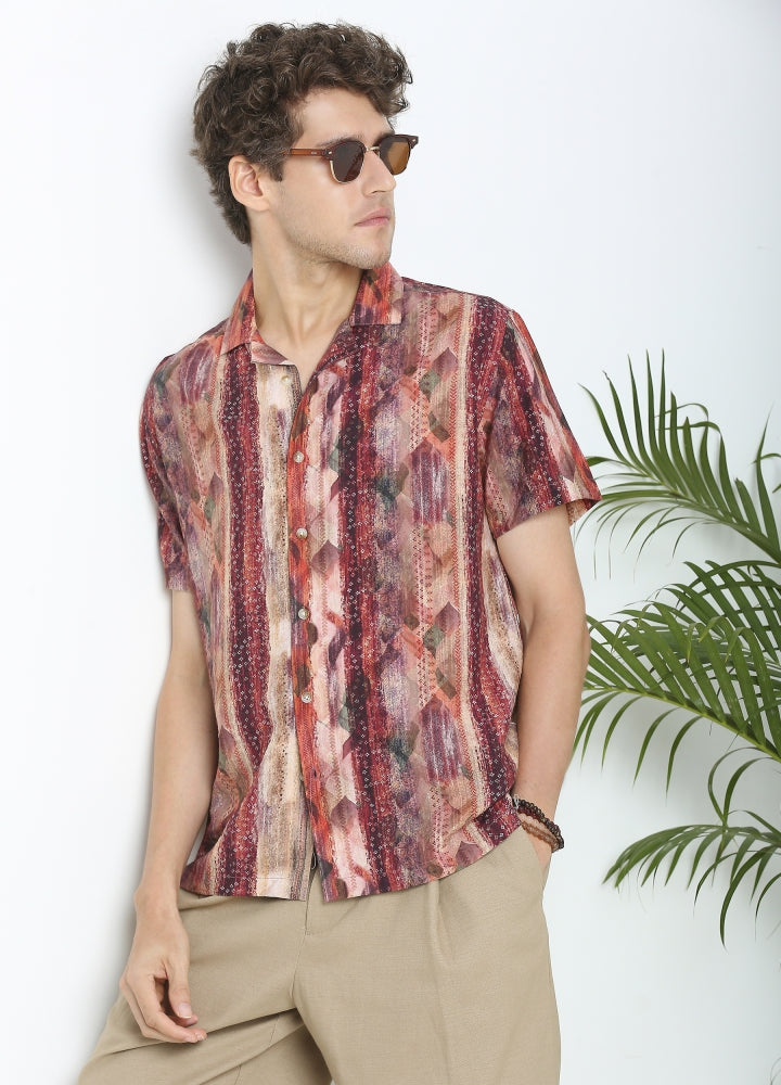 Camp Collar Rustic Boho Print Shirt - Canyon Red