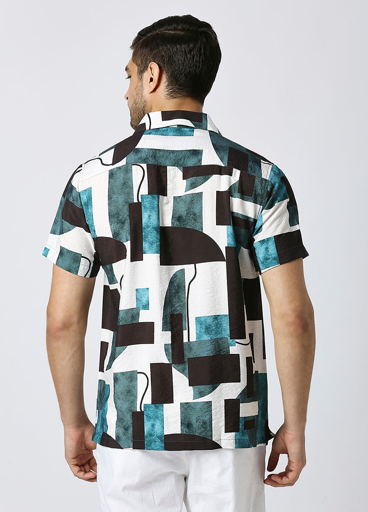 Camp Collar Cubist Print Shirt - Ocean Teal