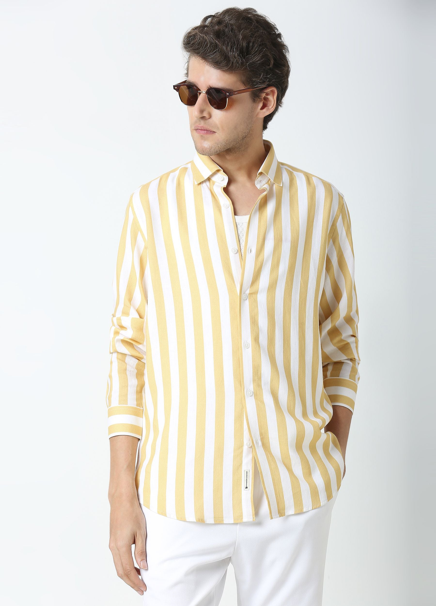 Cutaway Collar Stripe Shirt - Mustard