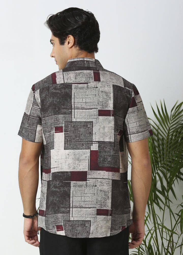 Flat Collar Sigas Print Shirt - Ash Grey