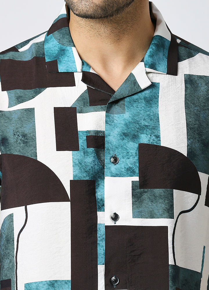 Camp Collar Cubist Print Shirt - Ocean Teal