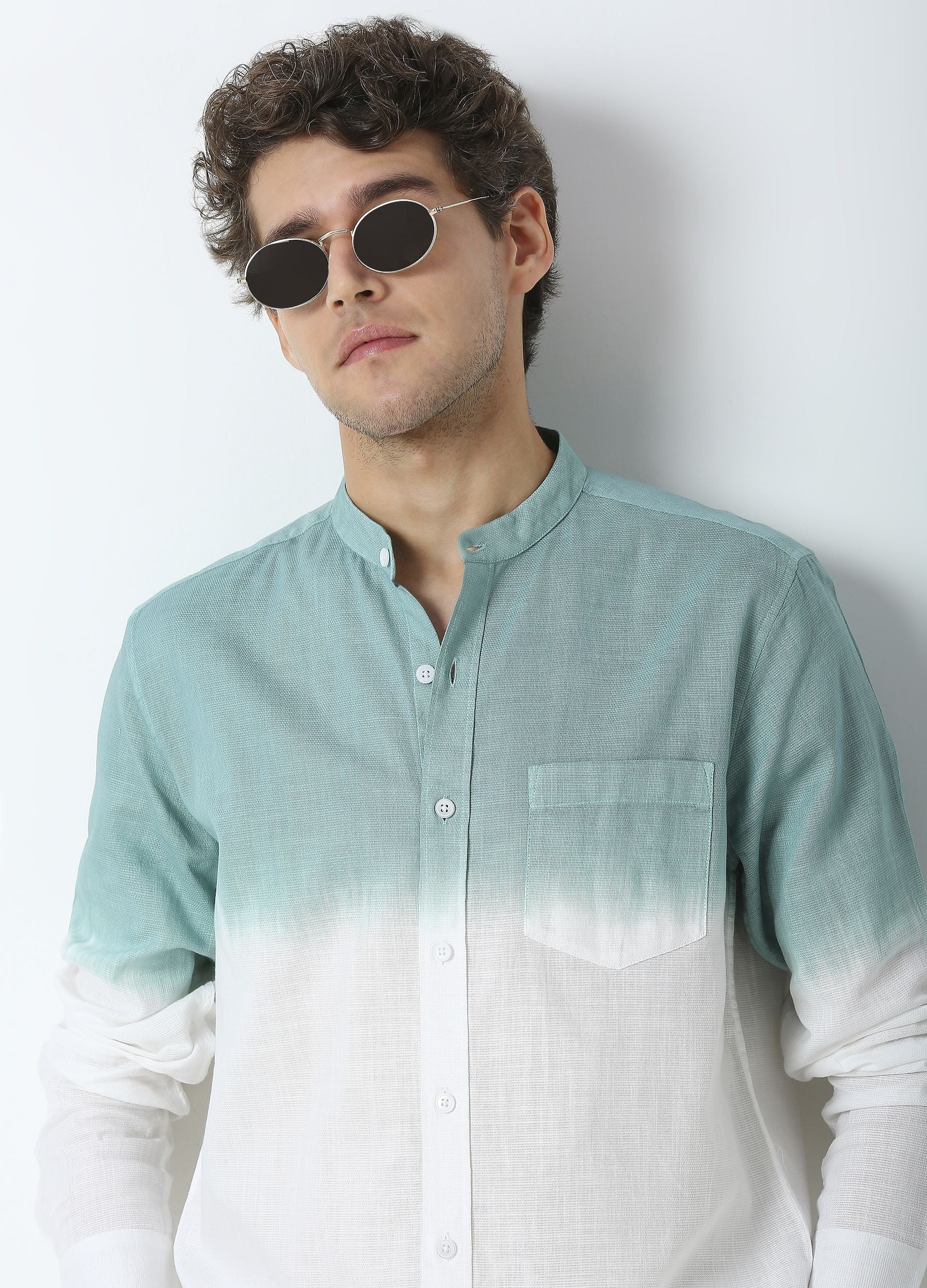 Tie Dye Chinese Collar Shirt - Teal