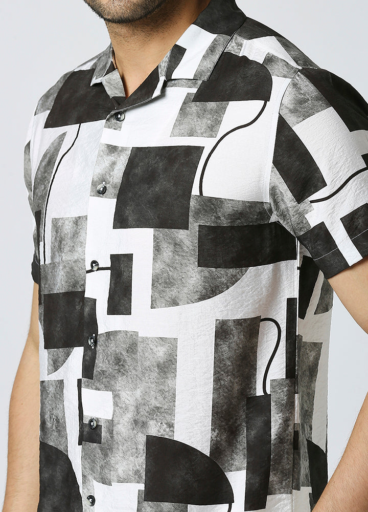 Camp Collar Cubist Print Shirt - Charcoal