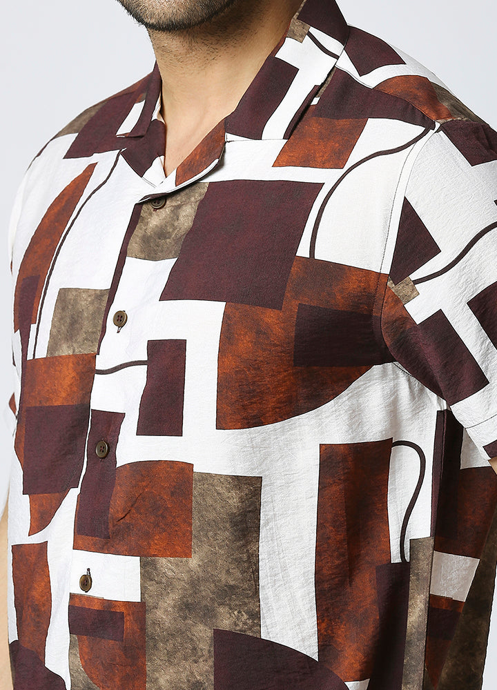 Camp Collar Cubist Print Shirt - Mud Brown