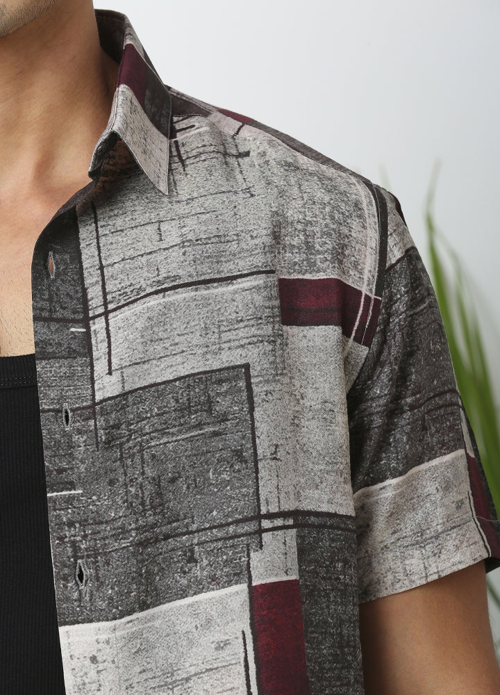 Flat Collar Sigas Print Shirt - Ash Grey