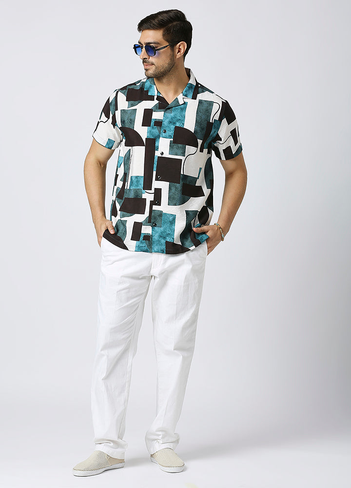 Camp Collar Cubist Print Shirt - Ocean Teal