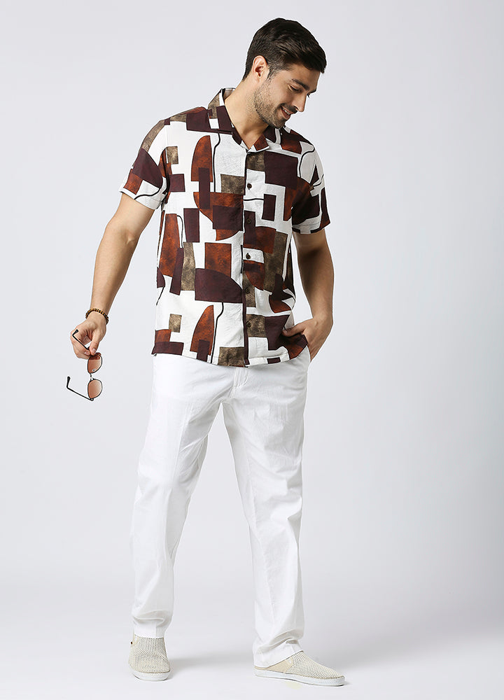 Camp Collar Cubist Print Shirt - Mud Brown