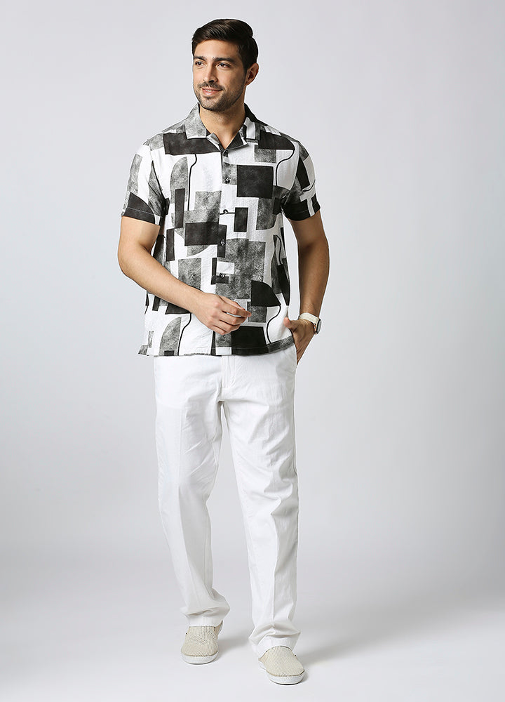 Camp Collar Cubist Print Shirt - Charcoal