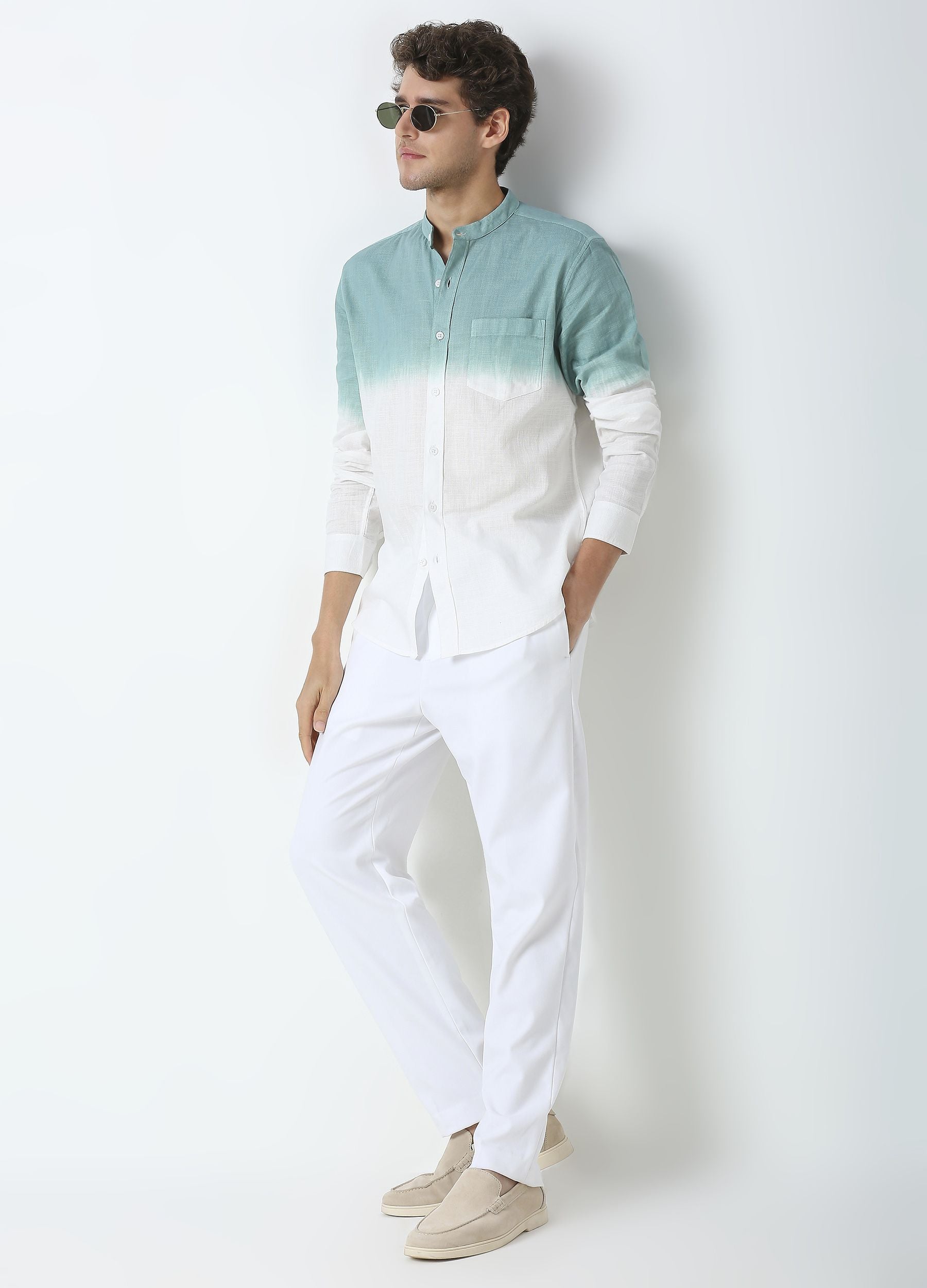 Tie Dye Chinese Collar Shirt - Teal