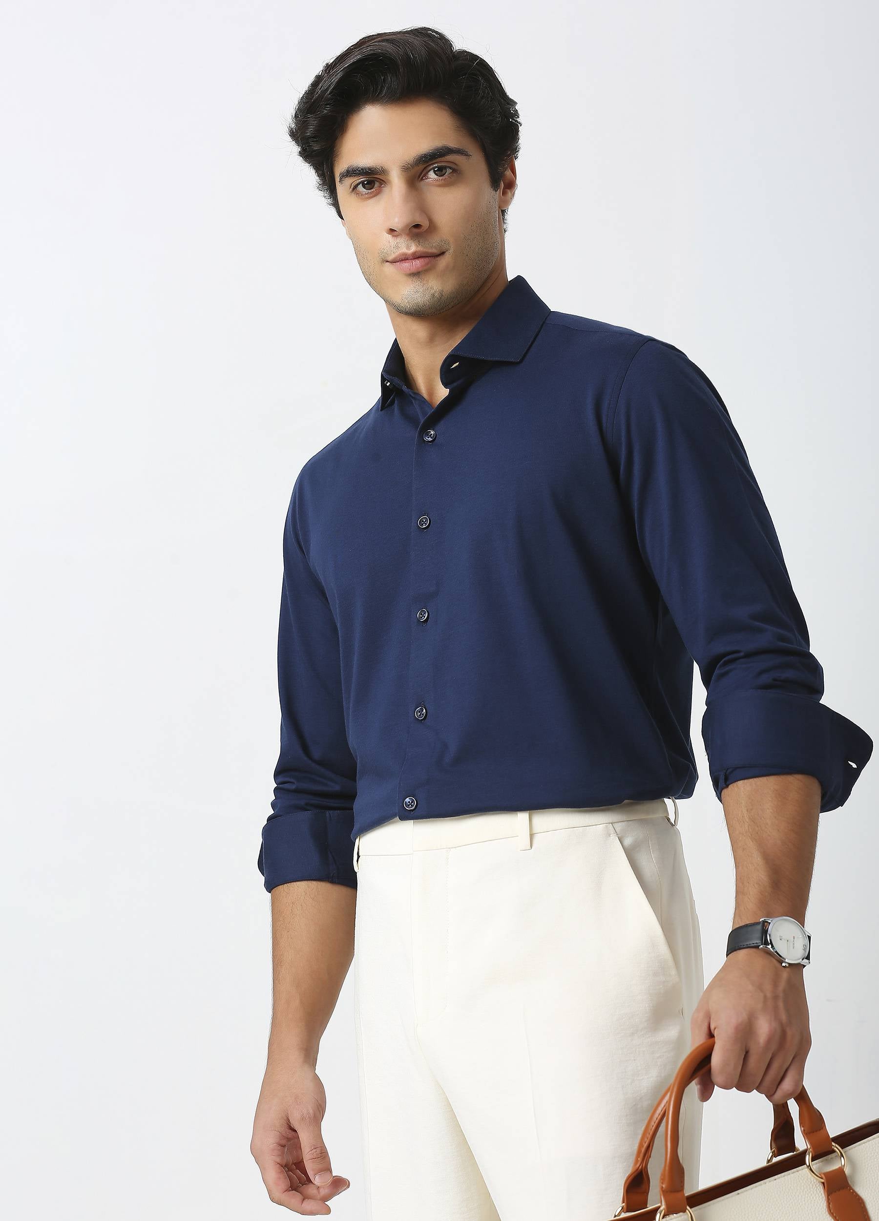 Royal Navy Blue: Cutaway Collar Solid Knit Shirt