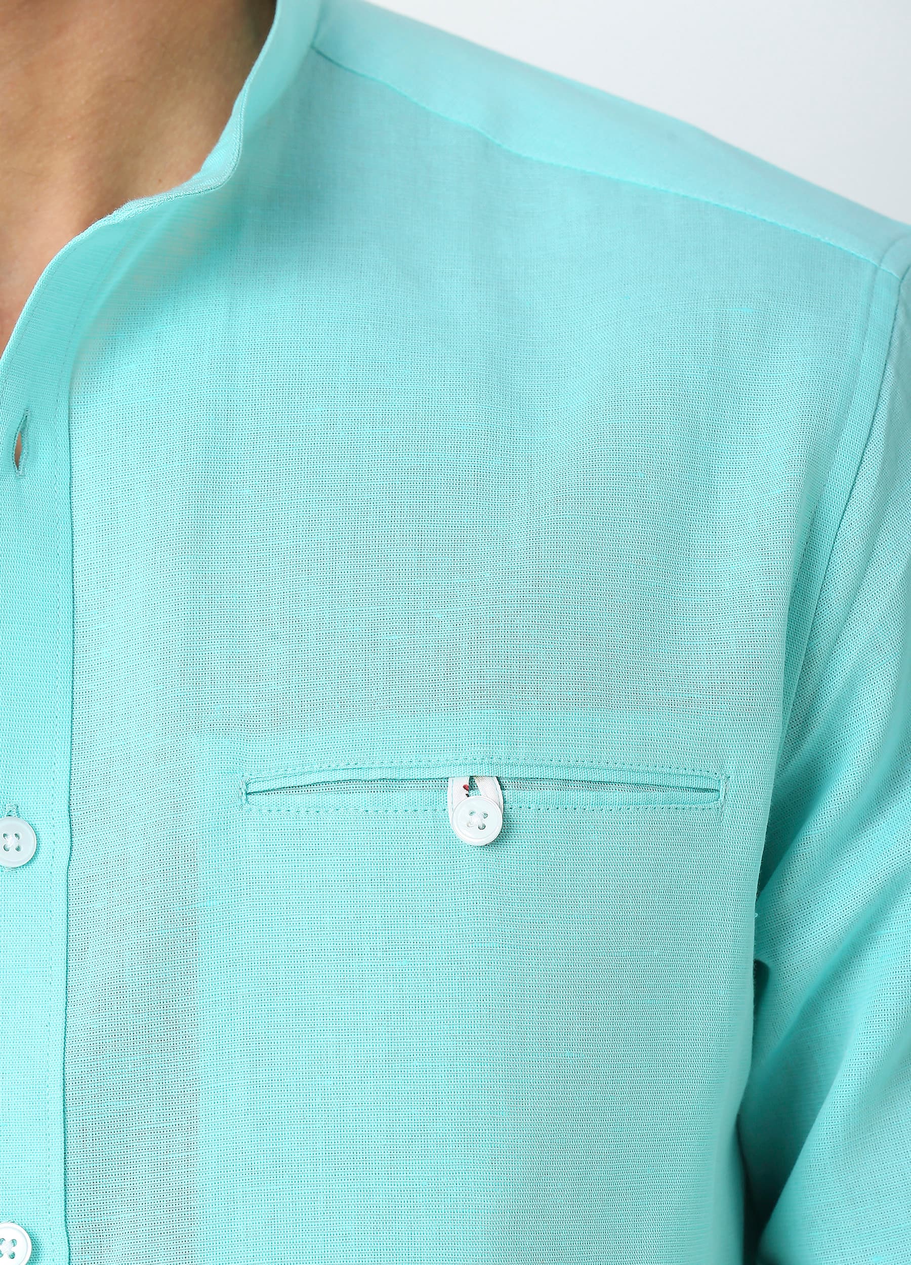Band Collar Linen Blend Solid Shirt - Aqua Blue