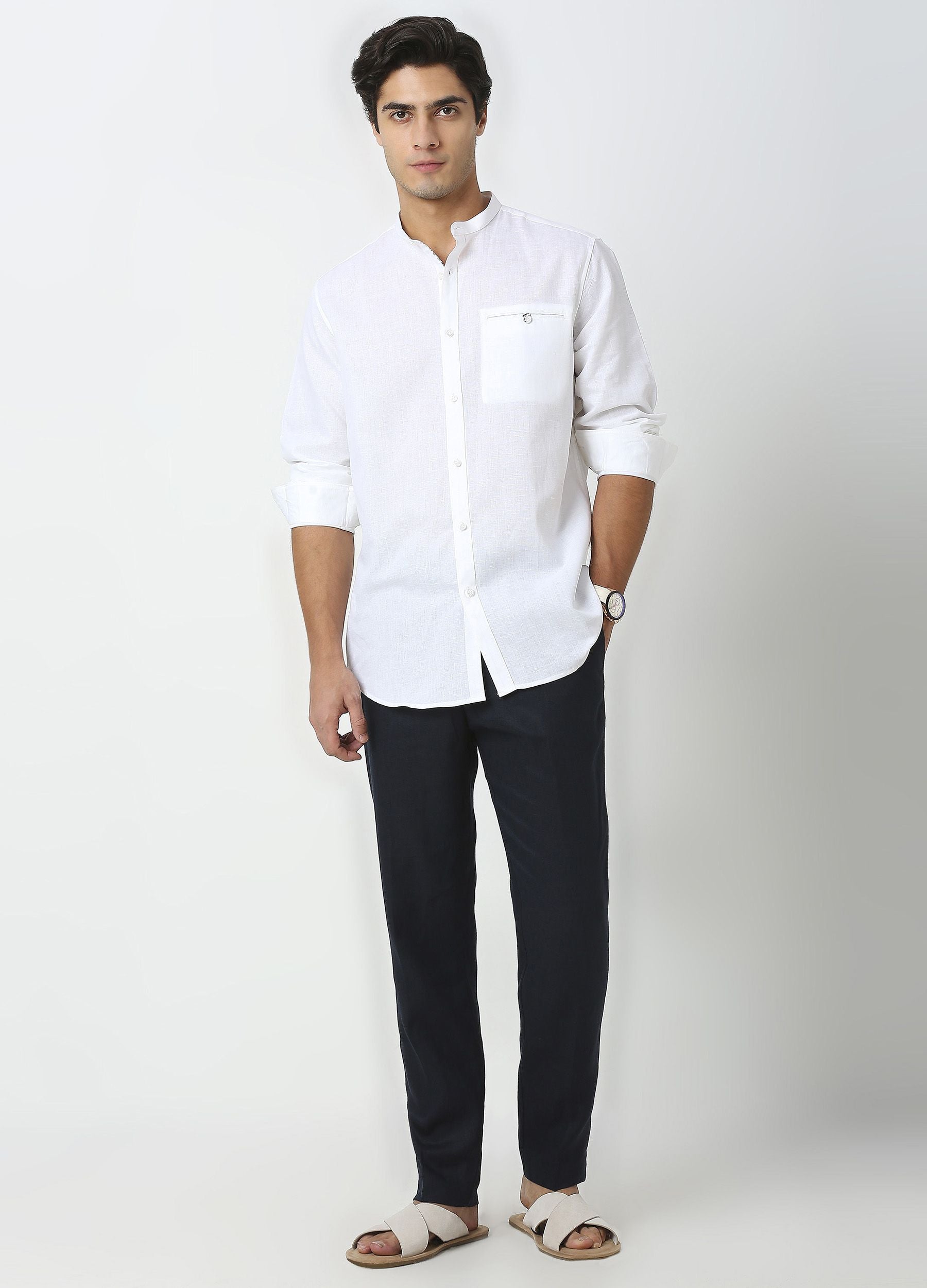 Band Collar Linen Blend Solid Shirt - White