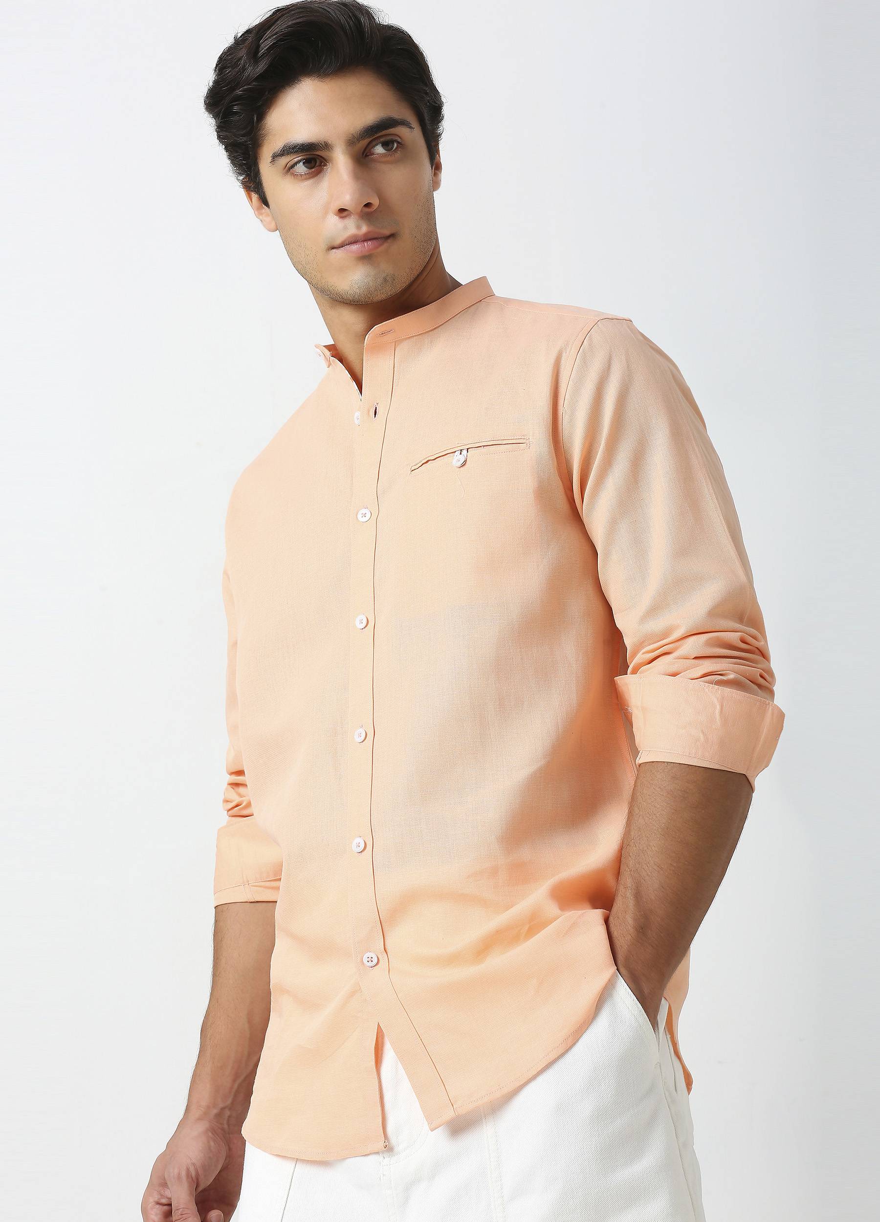 Band Collar Linen Blend Solid Shirt - Champagne