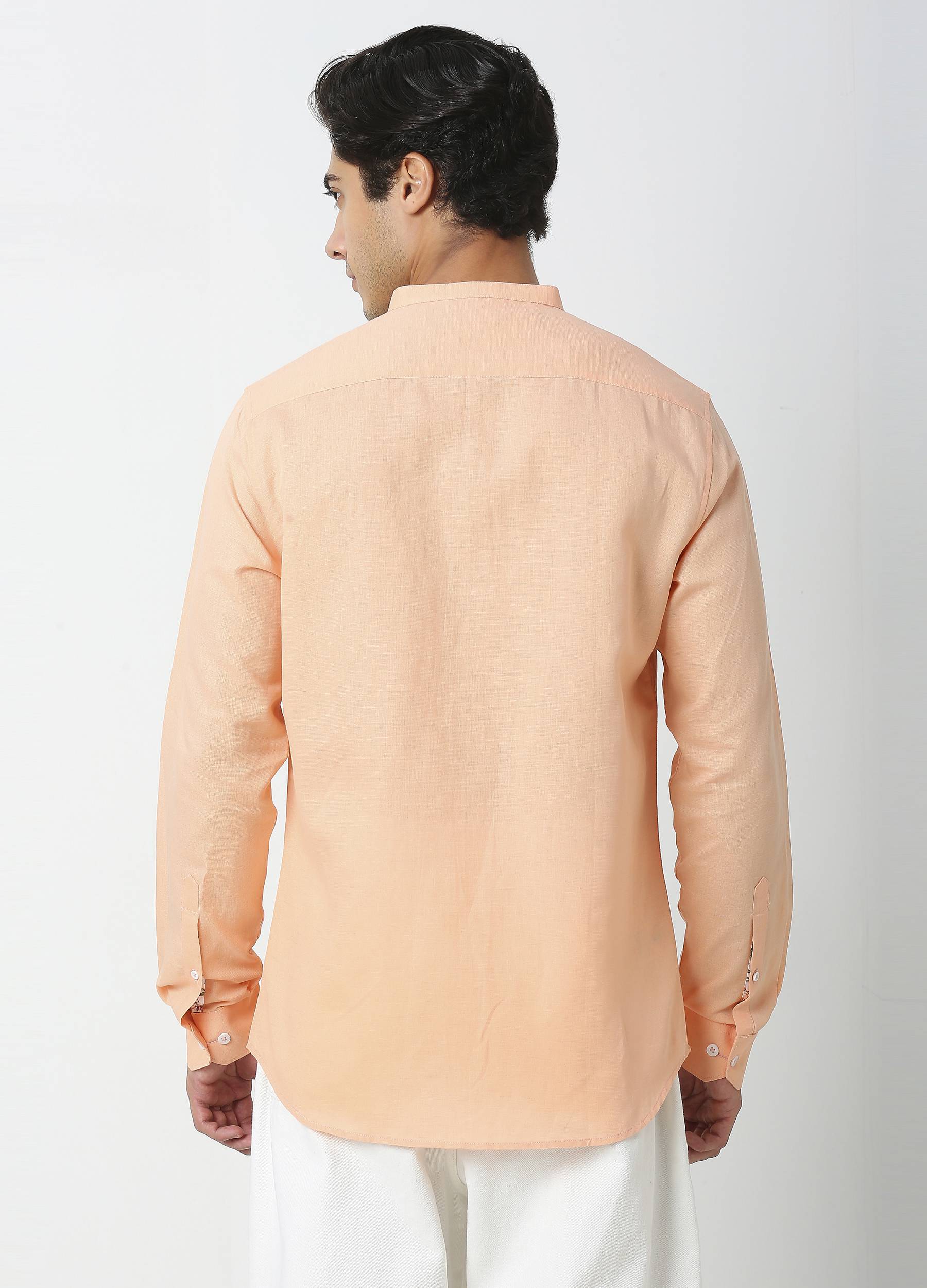 Band Collar Linen Blend Solid Shirt - Champagne