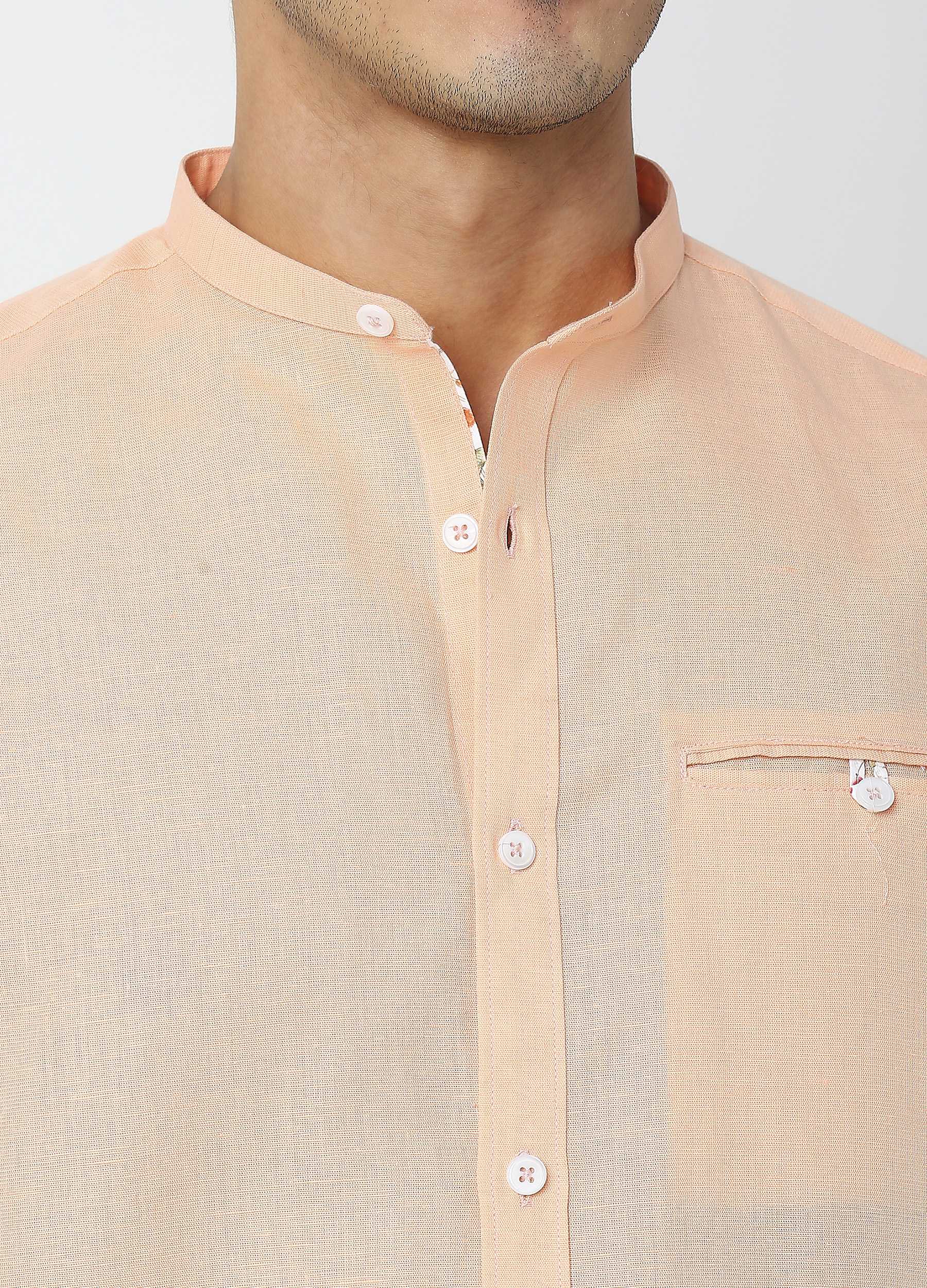 Band Collar Linen Blend Solid Shirt - Champagne