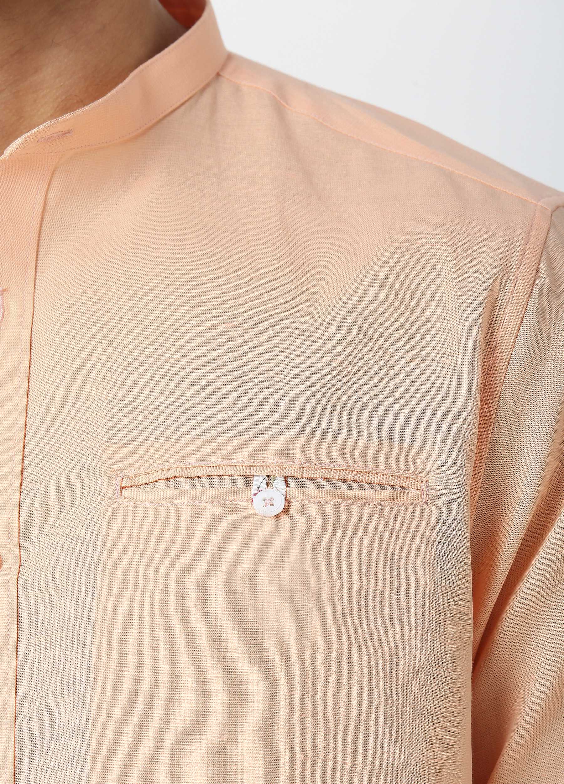 Band Collar Linen Blend Solid Shirt - Champagne