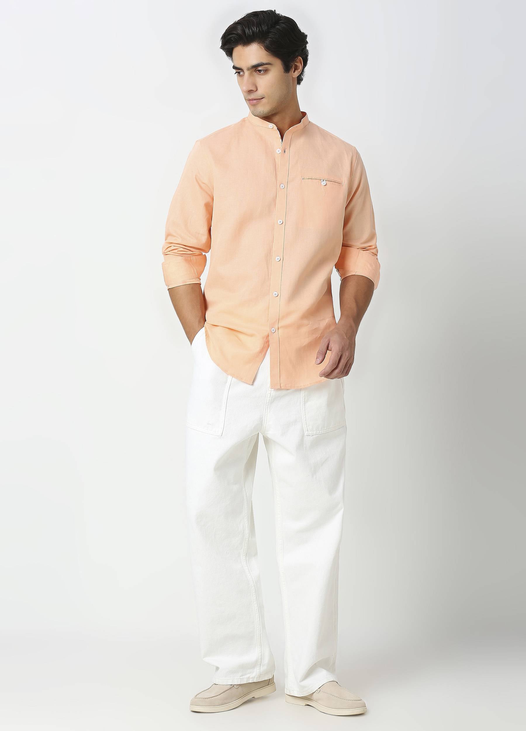 Band Collar Linen Blend Solid Shirt - Champagne