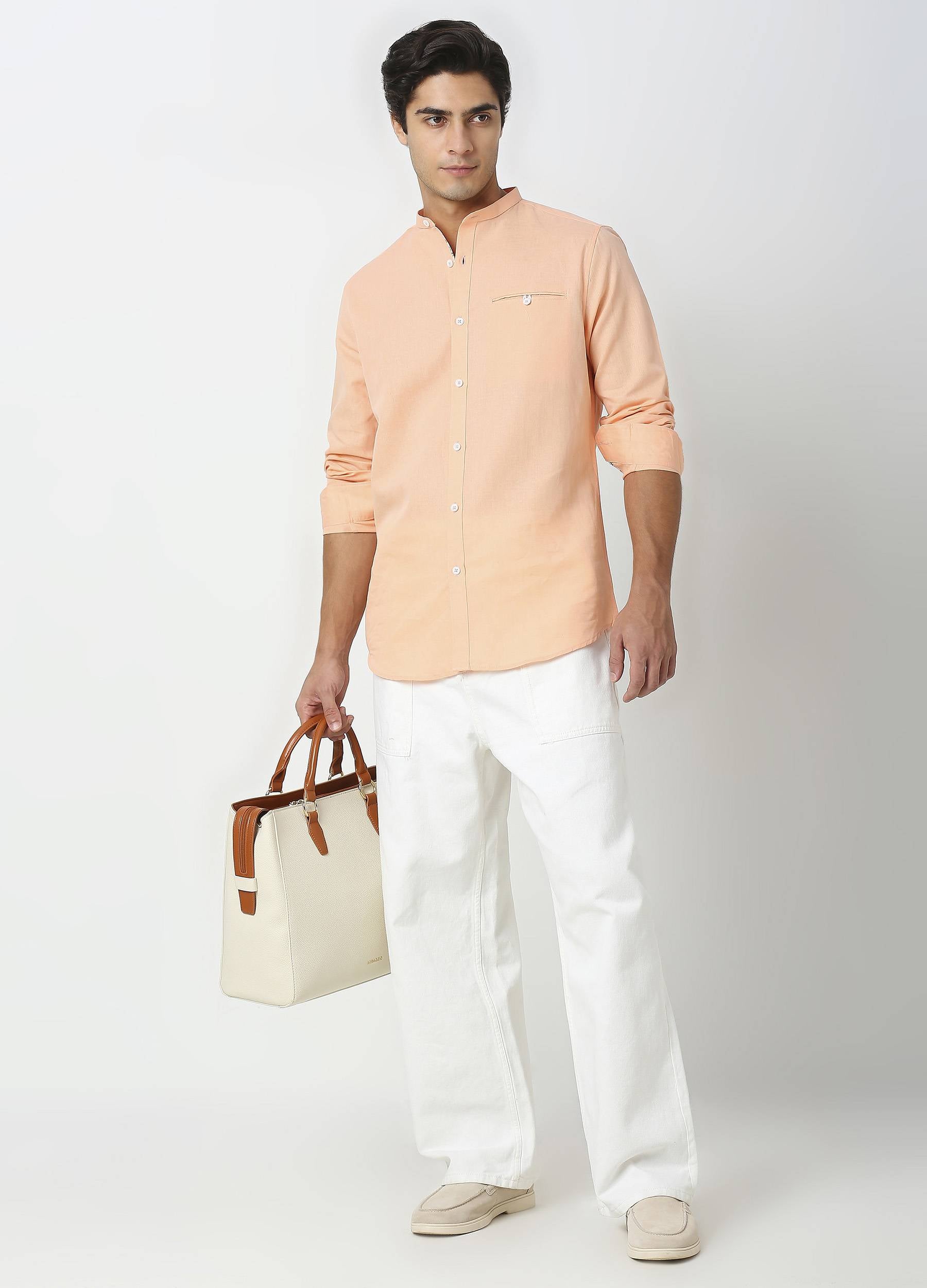 Band Collar Linen Blend Solid Shirt - Champagne