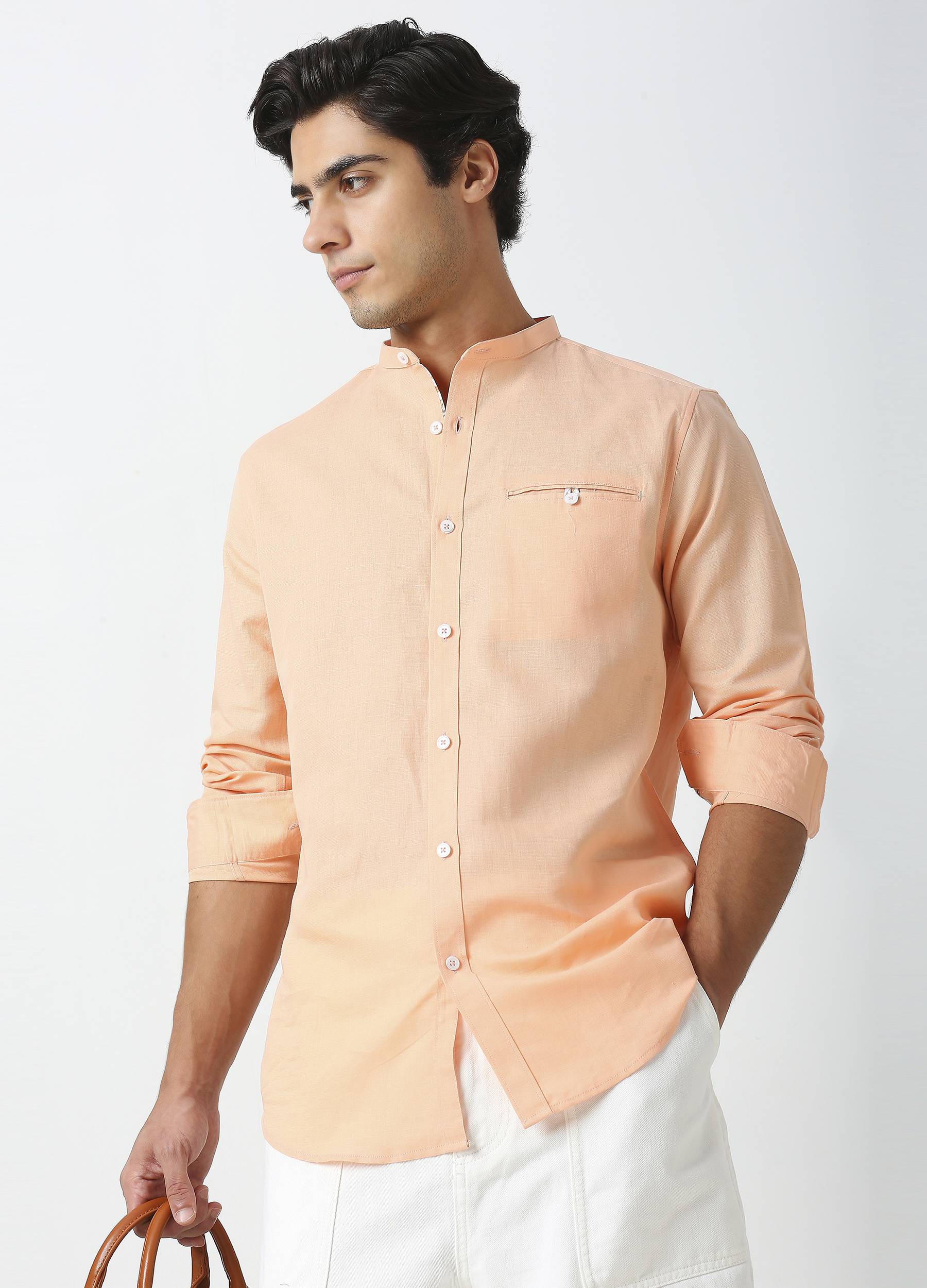 Band Collar Linen Blend Solid Shirt - Champagne