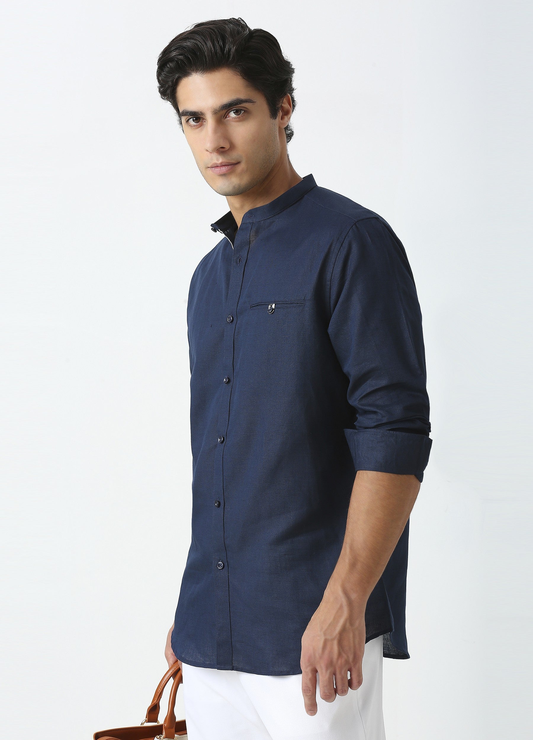 Band Collar Linen Blend Solid Shirt - Navy Blue