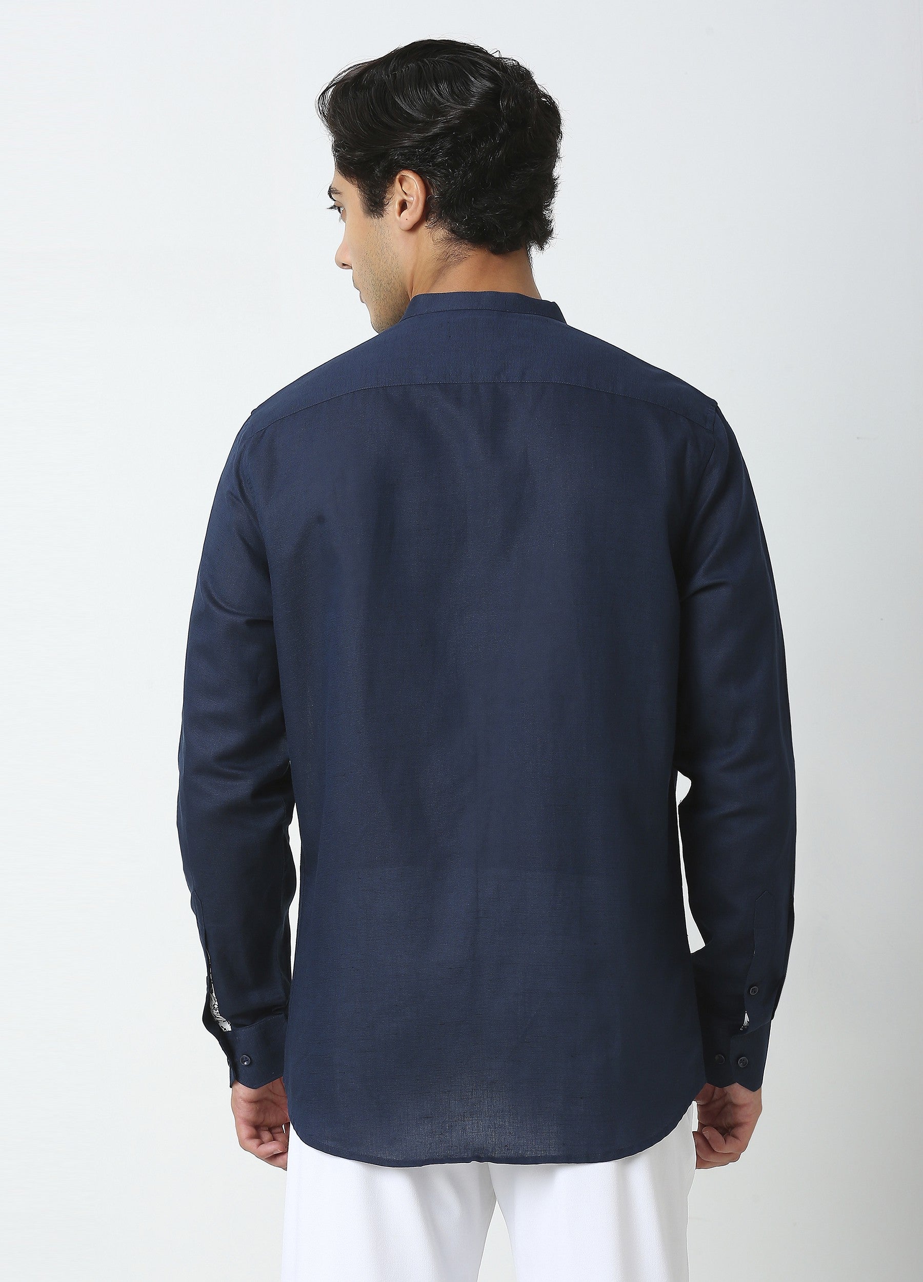 Band Collar Linen Blend Solid Shirt - Navy Blue