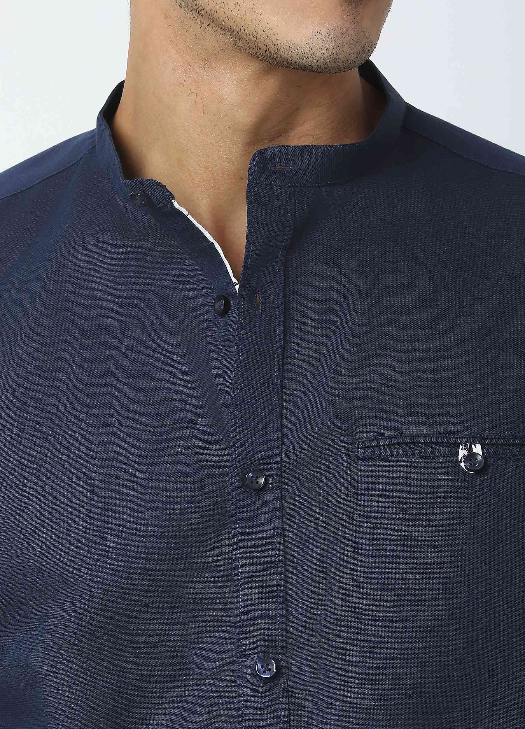 Band Collar Linen Blend Solid Shirt - Navy Blue