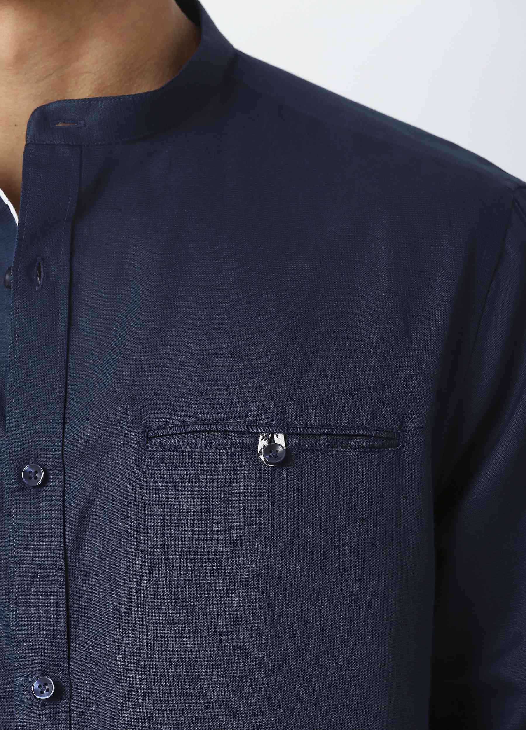 Band Collar Linen Blend Solid Shirt - Navy Blue