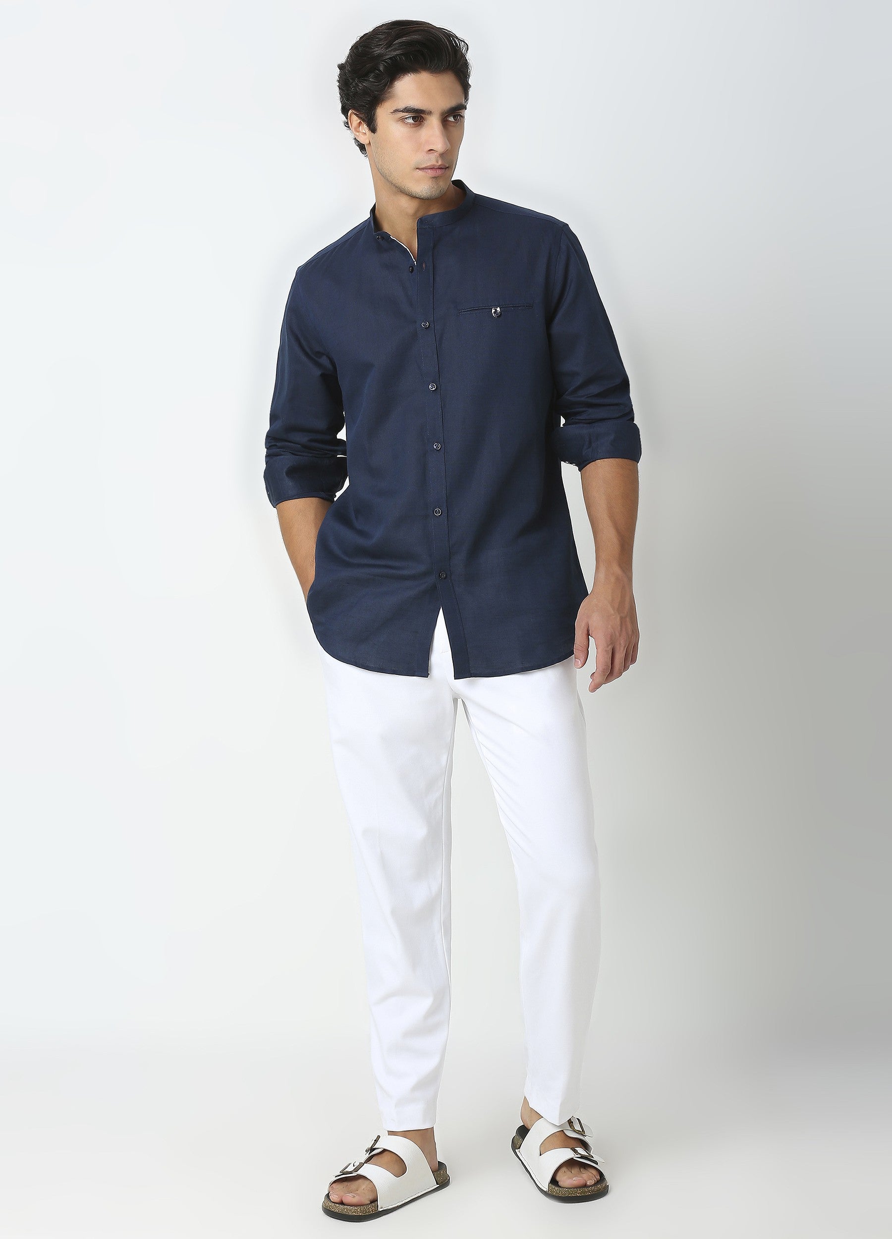 Band Collar Linen Blend Solid Shirt - Navy Blue