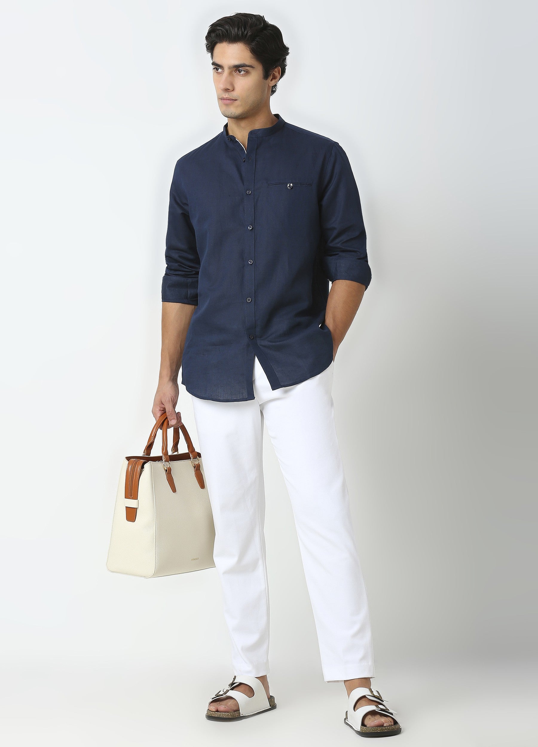 Band Collar Linen Blend Solid Shirt - Navy Blue