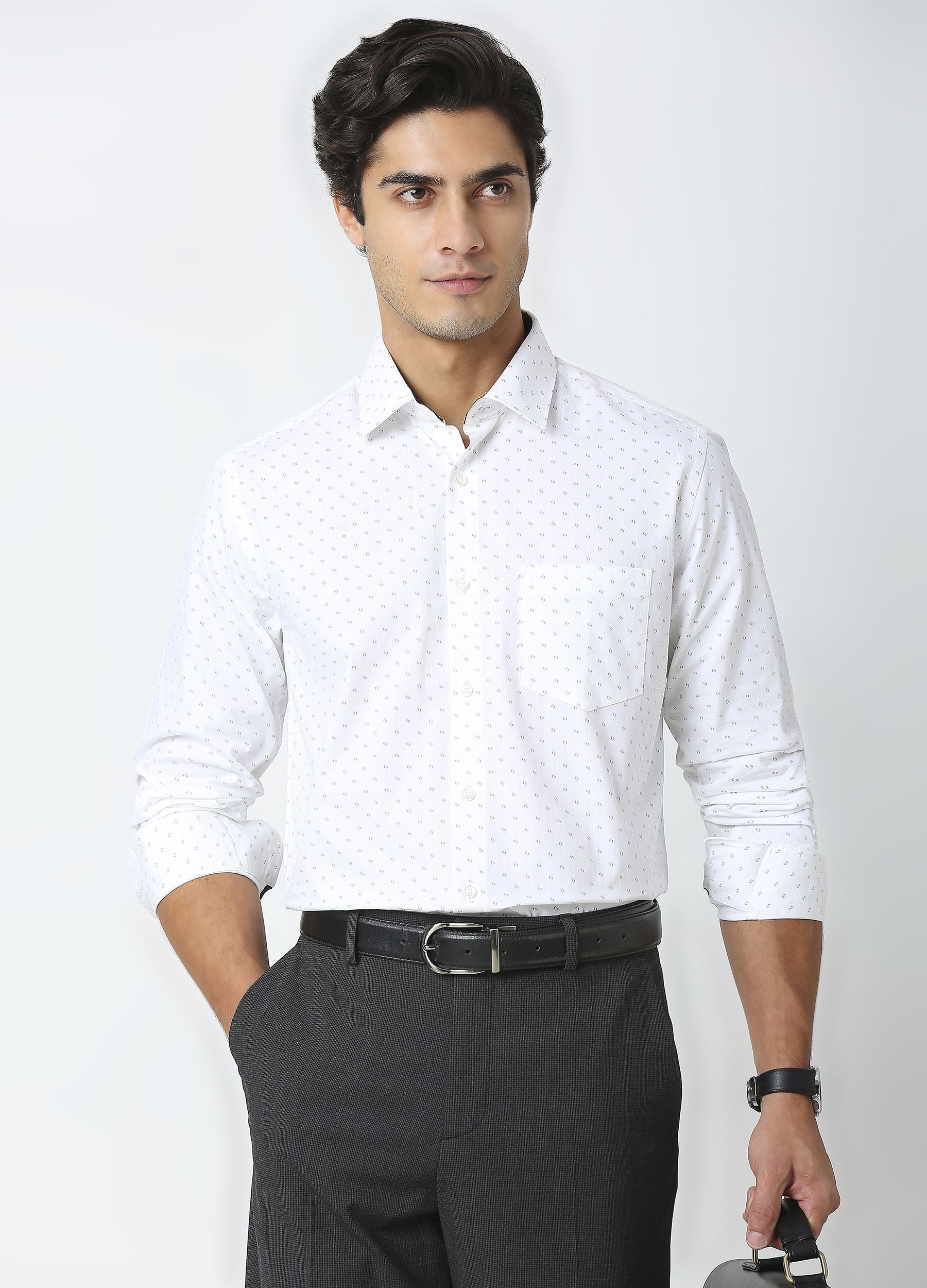 Point Collar Two Colour Print Shirt - White